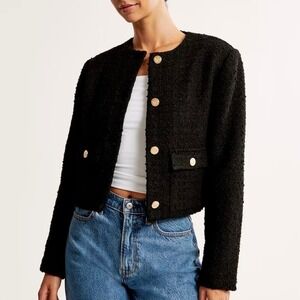 Abercrombie & Fitch Collarless Cropped Boucle Jacket, Black